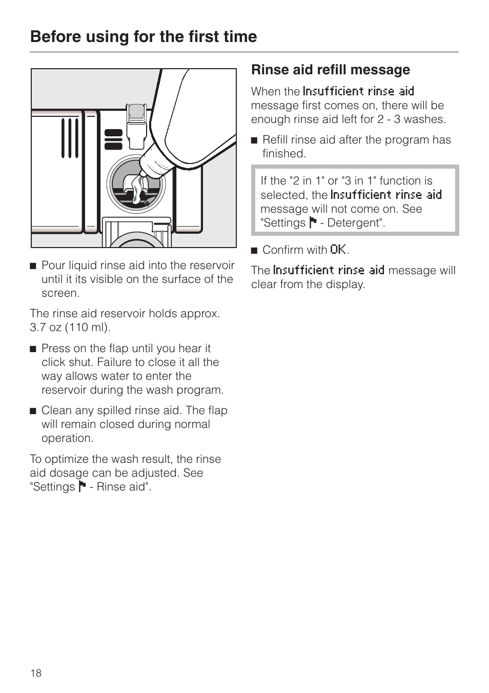 Rinse aid refill message 18, Before using for the first time, Rinse aid refill message | Miele LaPerla G 2830 SCi User Manual | Page 18 / 80