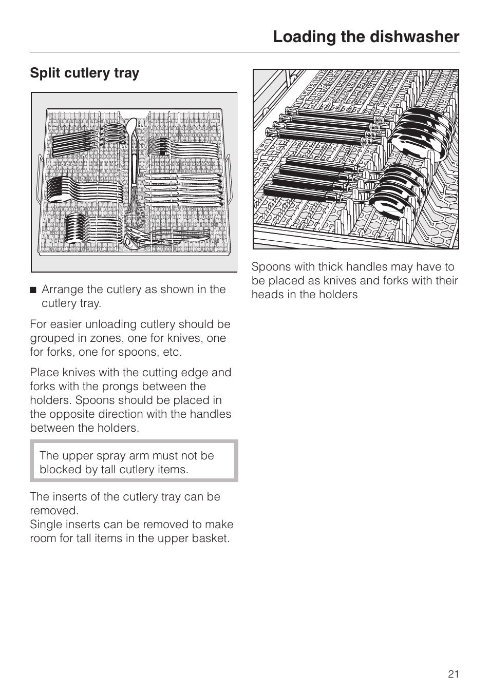 Split cutlery tray 21, Loading the dishwasher, Split cutlery tray | Miele LaPerla G 2830 SCi User Manual | Page 21 / 80