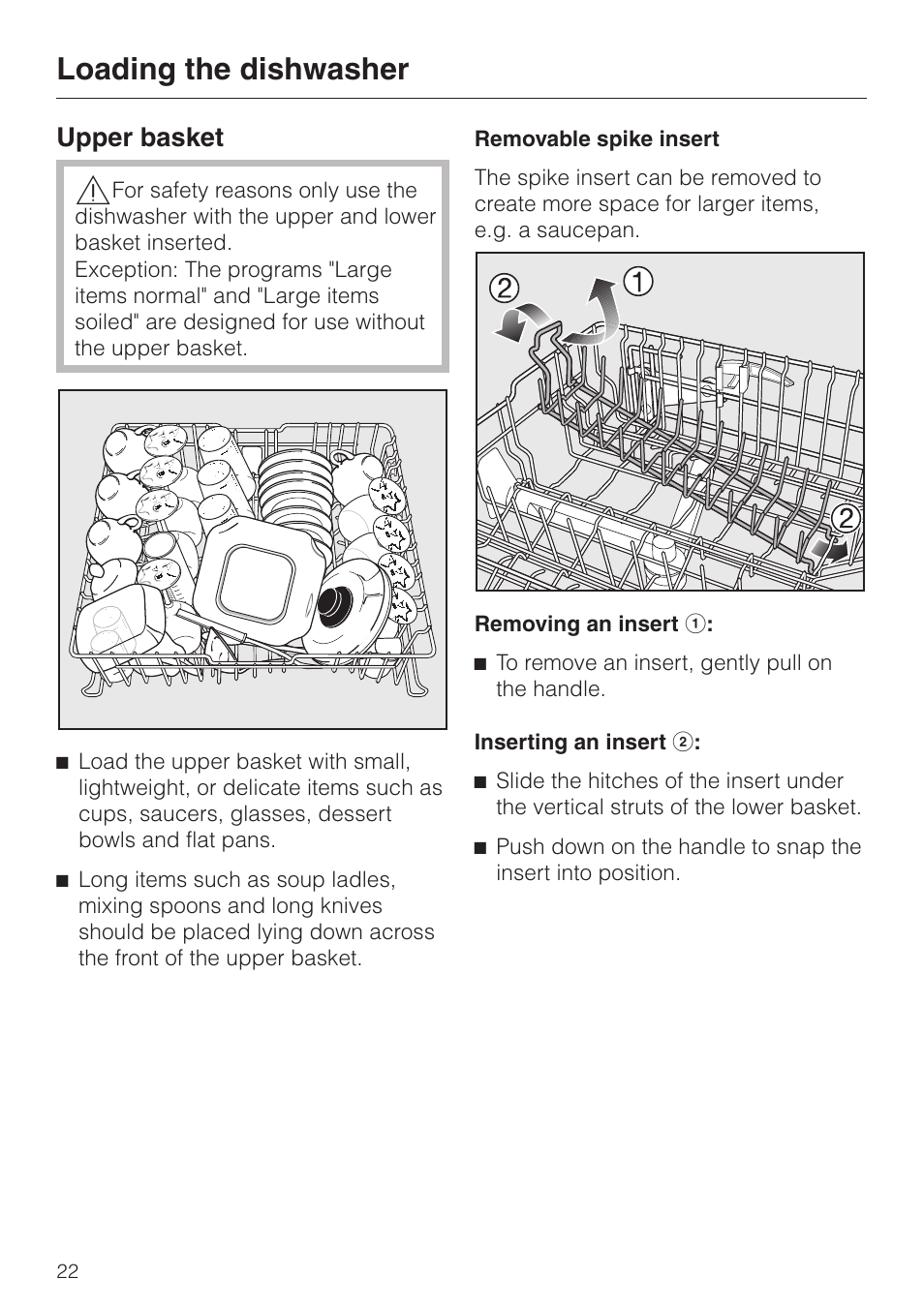 Upper basket 22, Loading the dishwasher, Upper basket | Miele LaPerla G 2830 SCi User Manual | Page 22 / 80