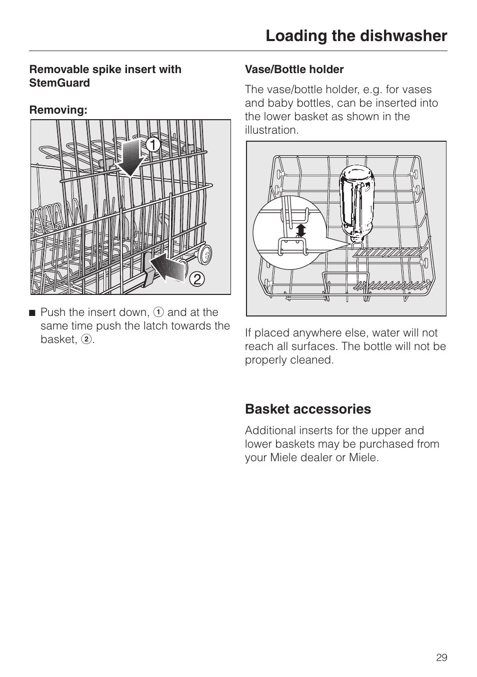 Basket accessories 29, Loading the dishwasher, Basket accessories | Miele LaPerla G 2830 SCi User Manual | Page 29 / 80