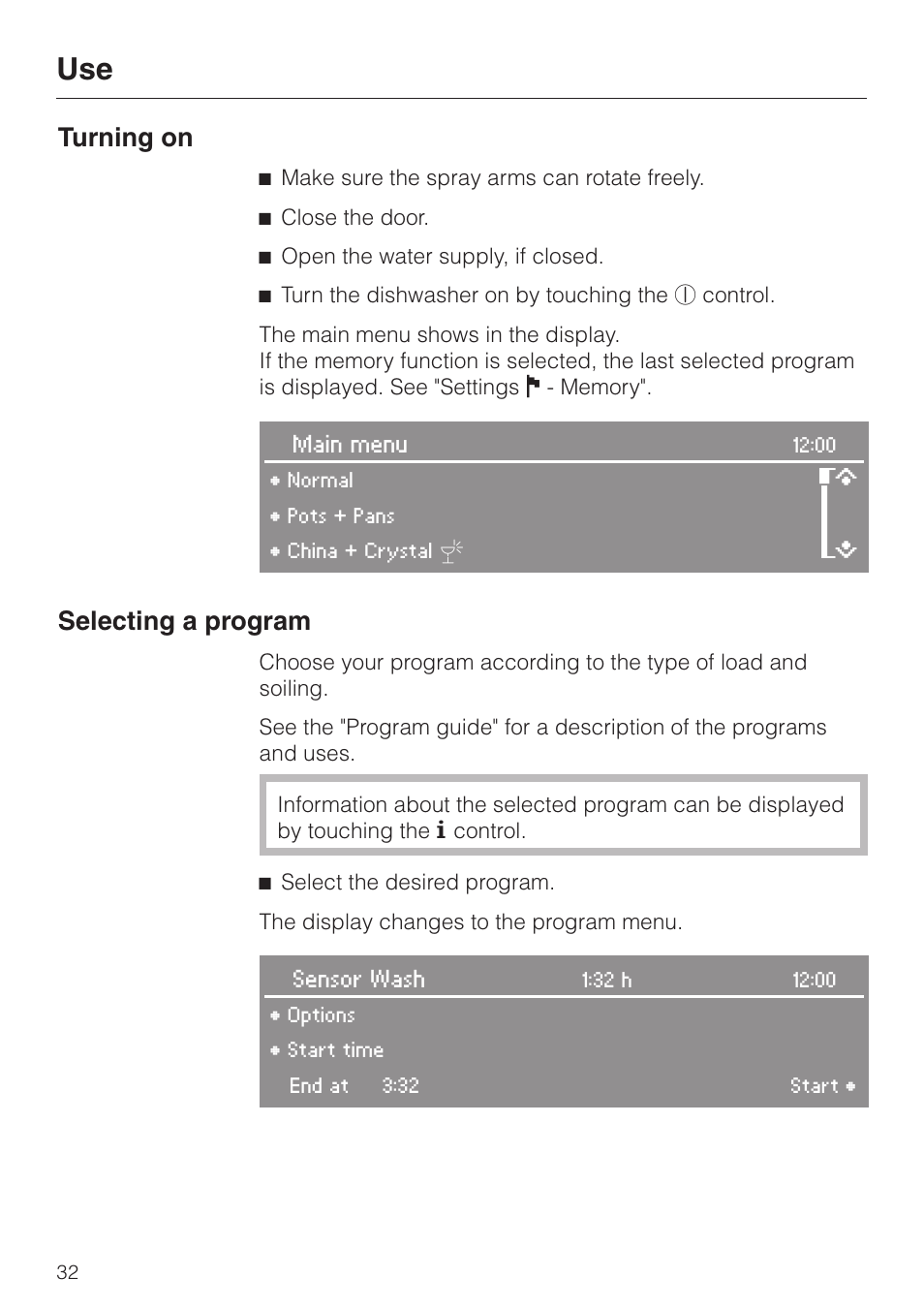 Turning on 32, Selecting a program 32, Turning on | Selecting a program | Miele LaPerla G 2830 SCi User Manual | Page 32 / 80