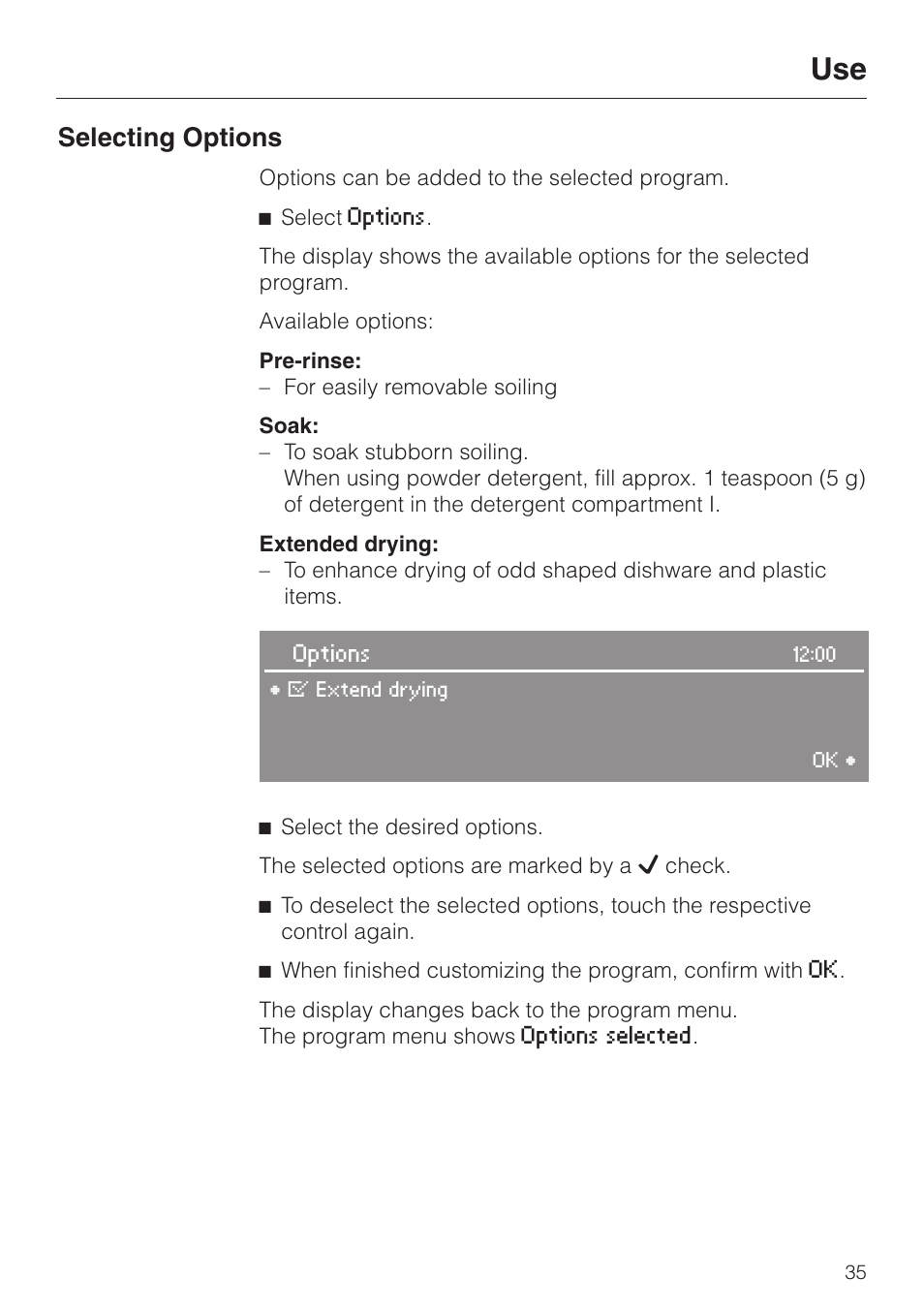 Use 35, Selecting options 35, Selecting options | Miele LaPerla G 2830 SCi User Manual | Page 35 / 80