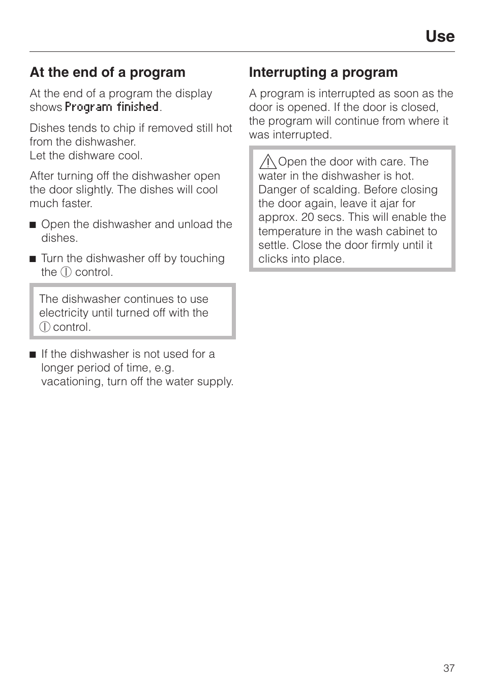 At the end of a program 37, Interrupting a program 37, At the end of a program | Interrupting a program | Miele LaPerla G 2830 SCi User Manual | Page 37 / 80