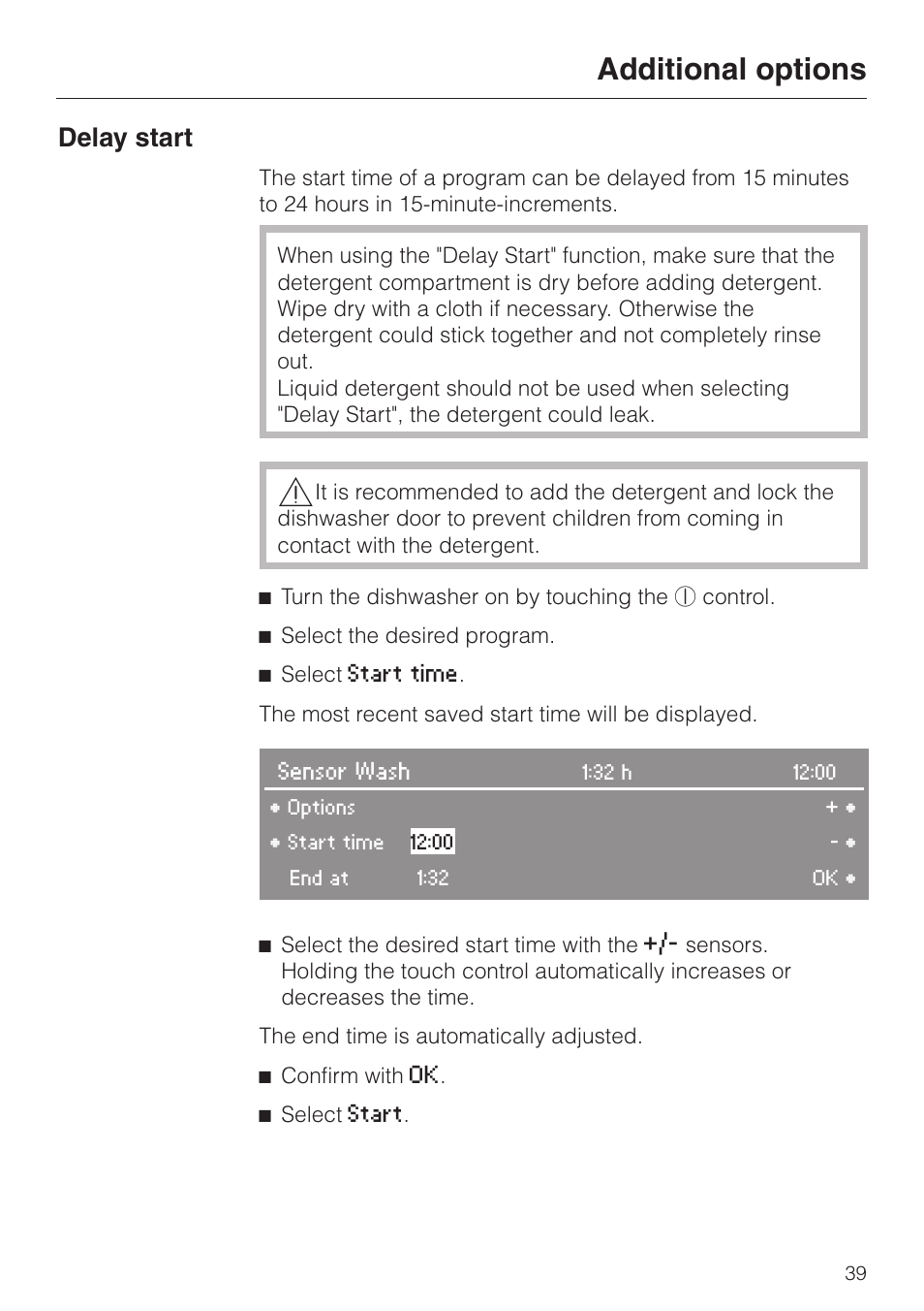 Additional options 39, Delay start 39, Additional options | Delay start | Miele LaPerla G 2830 SCi User Manual | Page 39 / 80