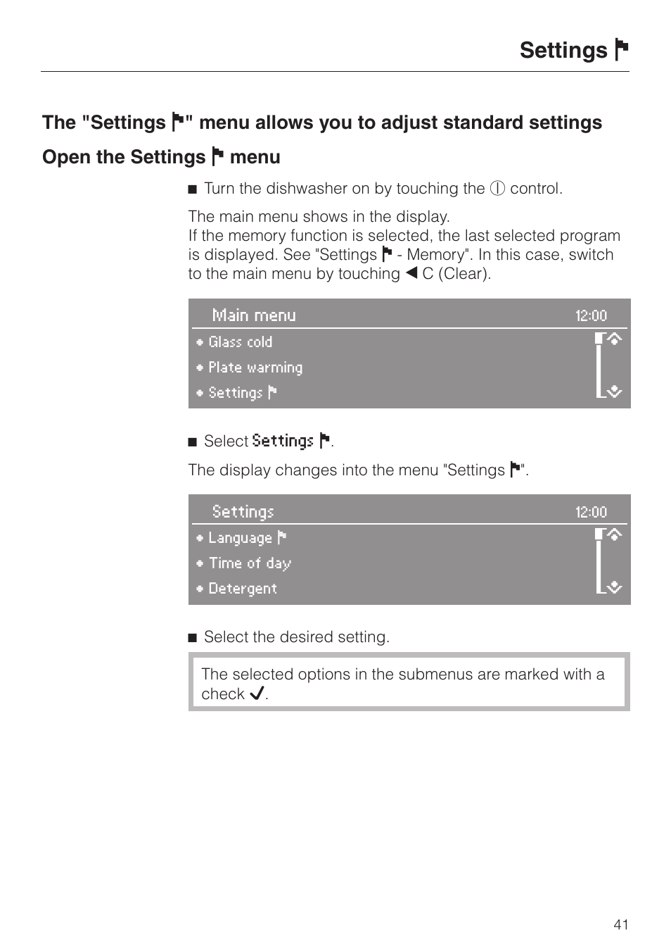 Settings j 41, Settings j | Miele LaPerla G 2830 SCi User Manual | Page 41 / 80