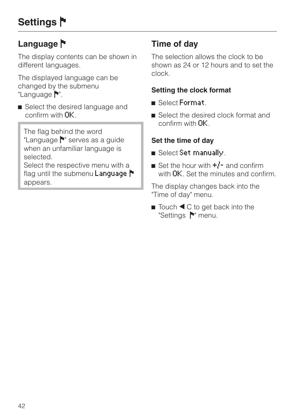 Settings j, Language j, Time of day | Miele LaPerla G 2830 SCi User Manual | Page 42 / 80