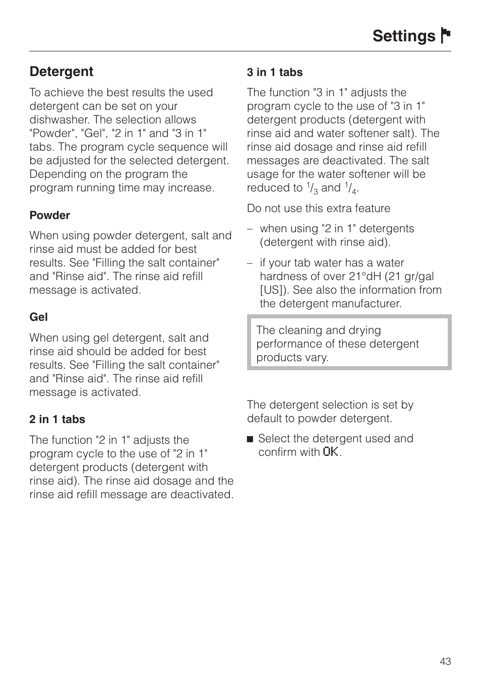 Settings j, Detergent | Miele LaPerla G 2830 SCi User Manual | Page 43 / 80