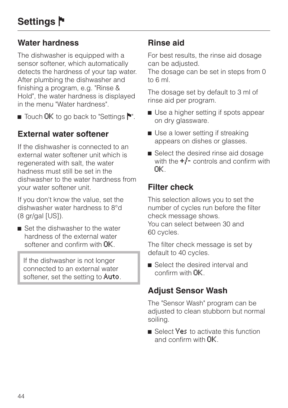 Settings j, Water hardness, External water softener | Rinse aid, Filter check, Adjust sensor wash | Miele LaPerla G 2830 SCi User Manual | Page 44 / 80