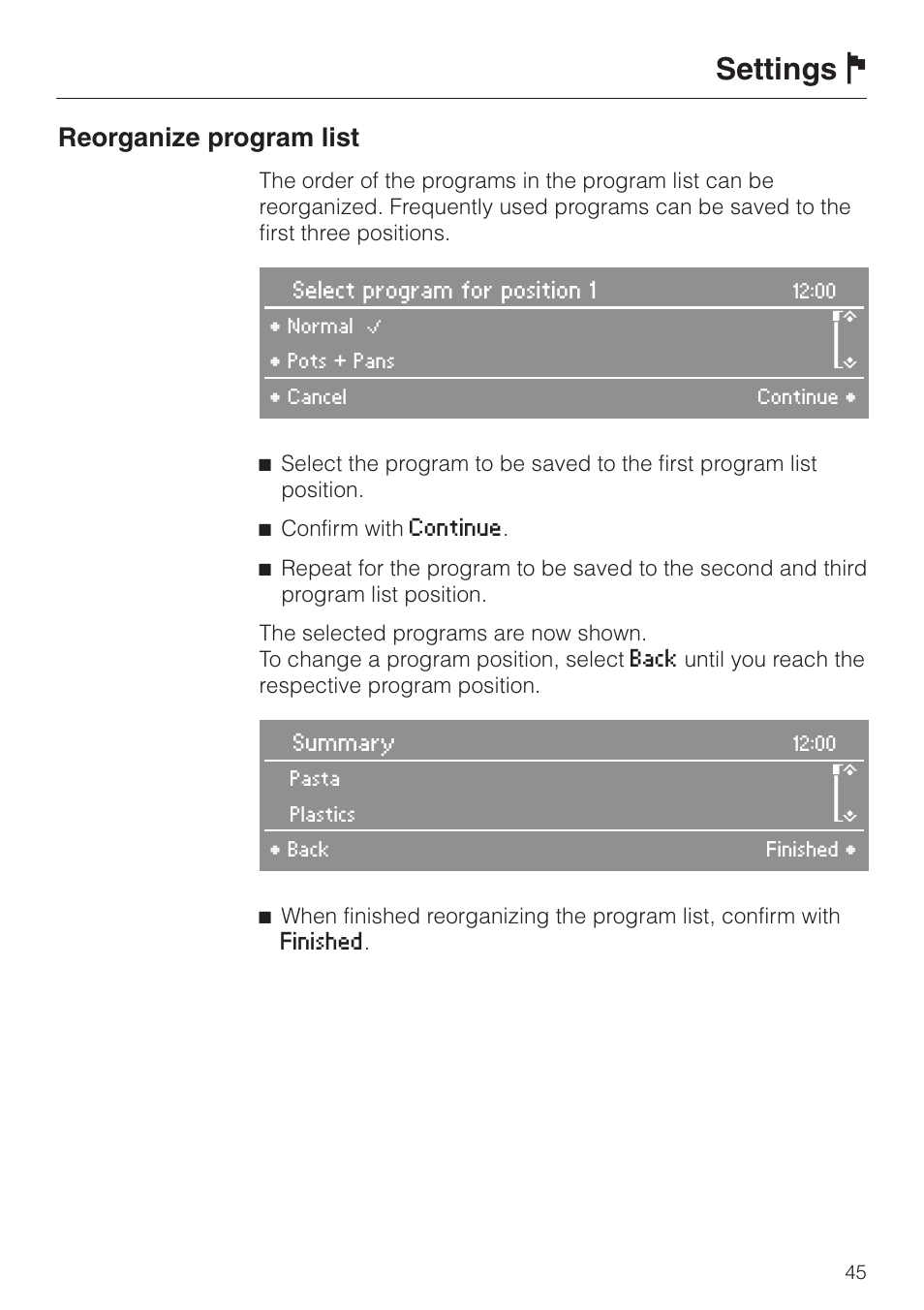 Settings j, Reorganize program list | Miele LaPerla G 2830 SCi User Manual | Page 45 / 80