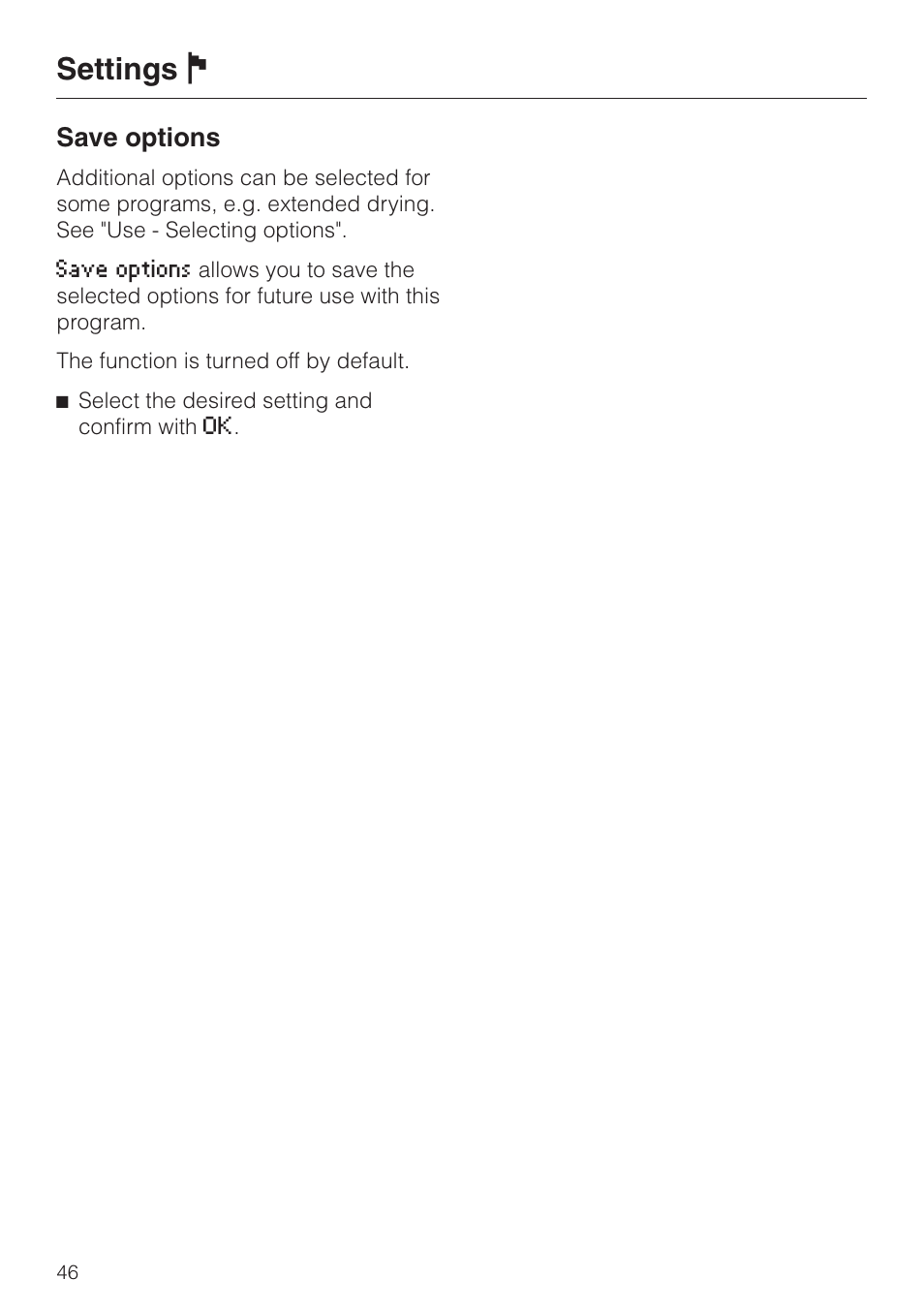 Settings j, Save options | Miele LaPerla G 2830 SCi User Manual | Page 46 / 80