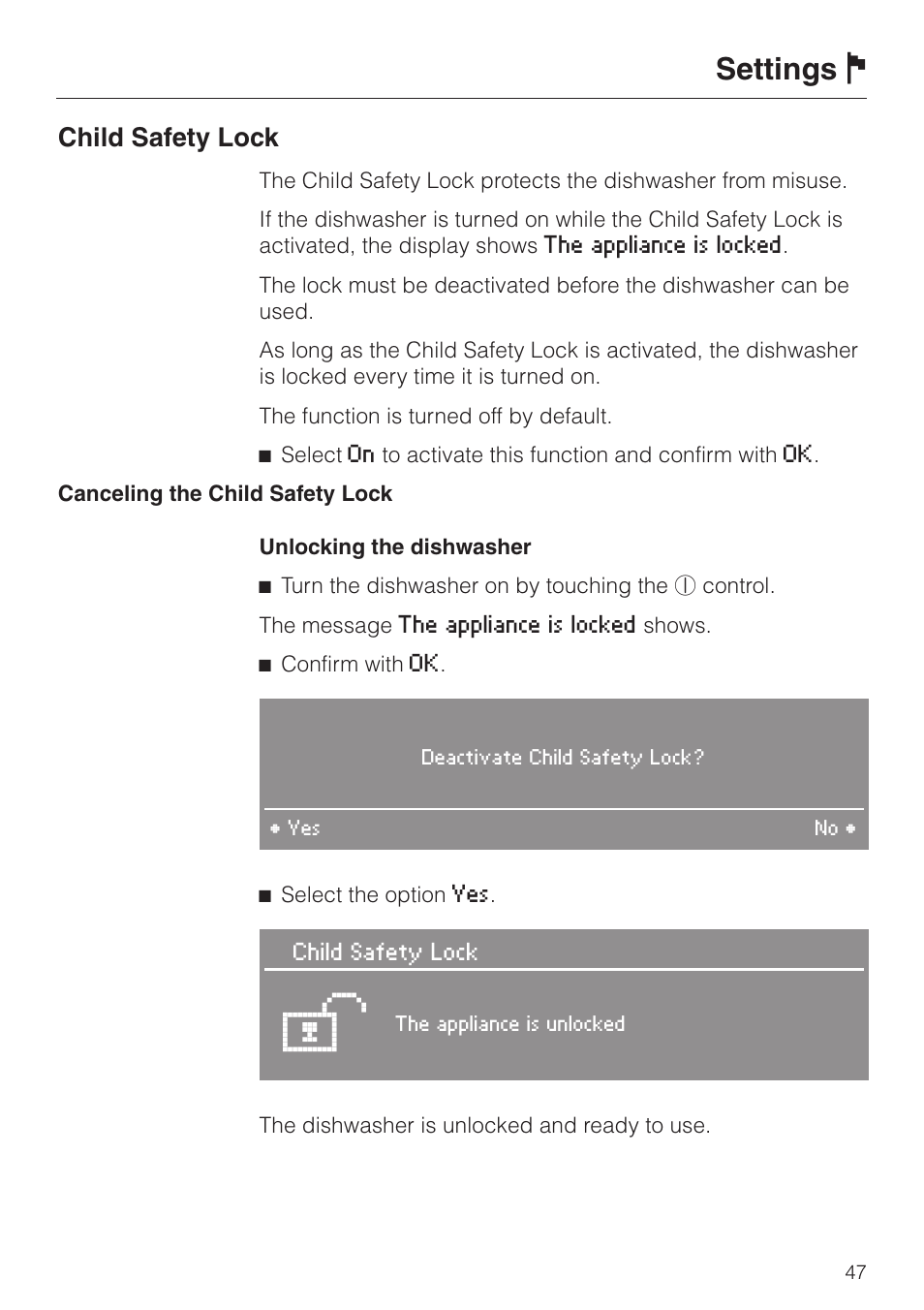 Settings j, Child safety lock | Miele LaPerla G 2830 SCi User Manual | Page 47 / 80