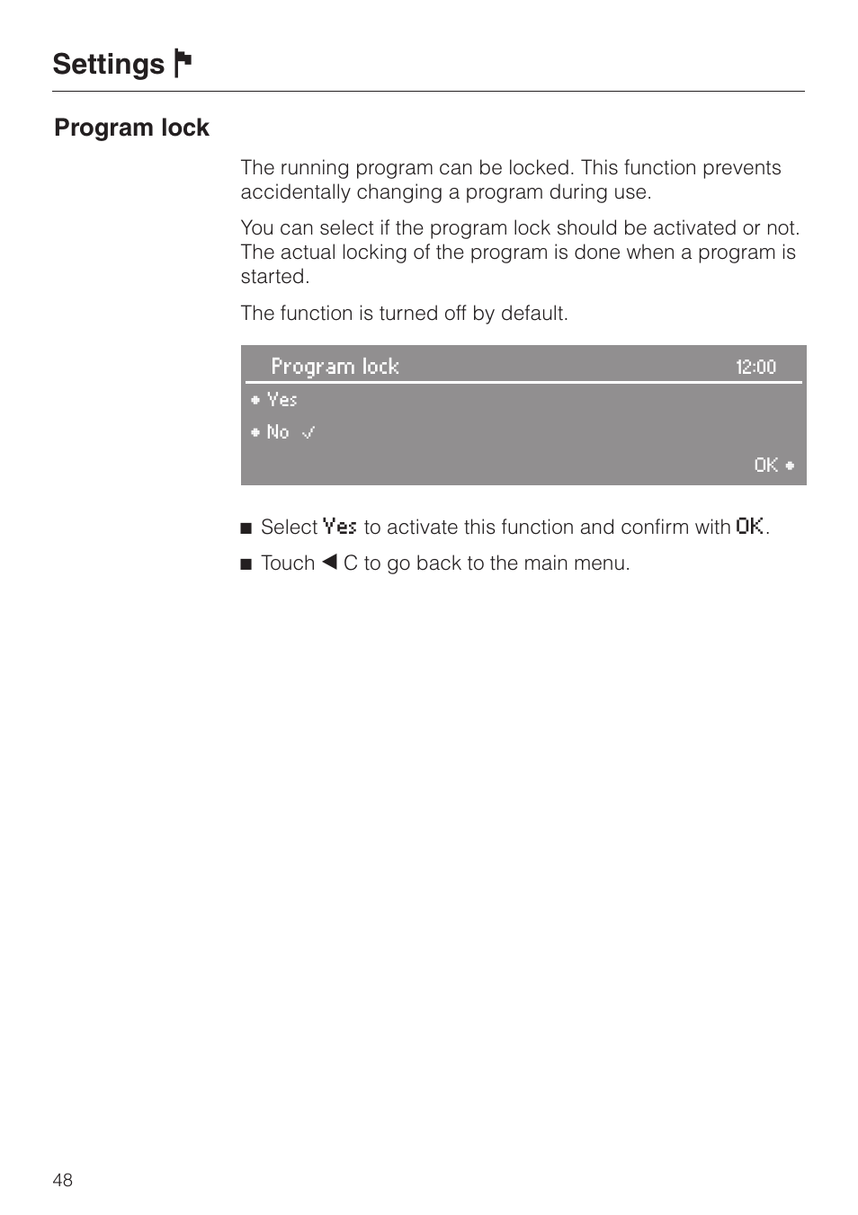 Settings j, Program lock | Miele LaPerla G 2830 SCi User Manual | Page 48 / 80