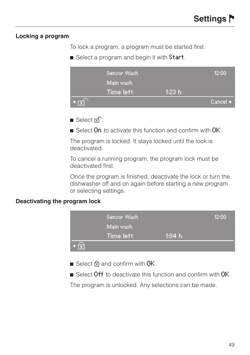 Settings j | Miele LaPerla G 2830 SCi User Manual | Page 49 / 80