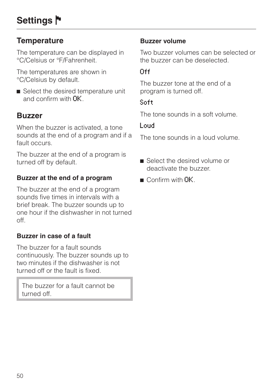 Settings j, Temperature, Buzzer | Miele LaPerla G 2830 SCi User Manual | Page 50 / 80