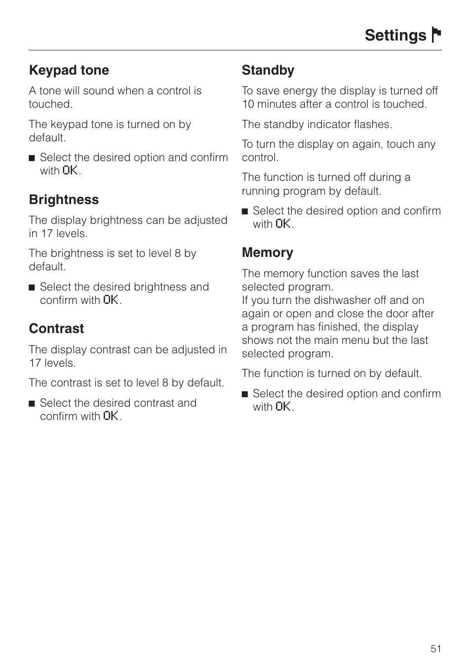 Settings j, Keypad tone, Brightness | Contrast, Standby | Miele LaPerla G 2830 SCi User Manual | Page 51 / 80