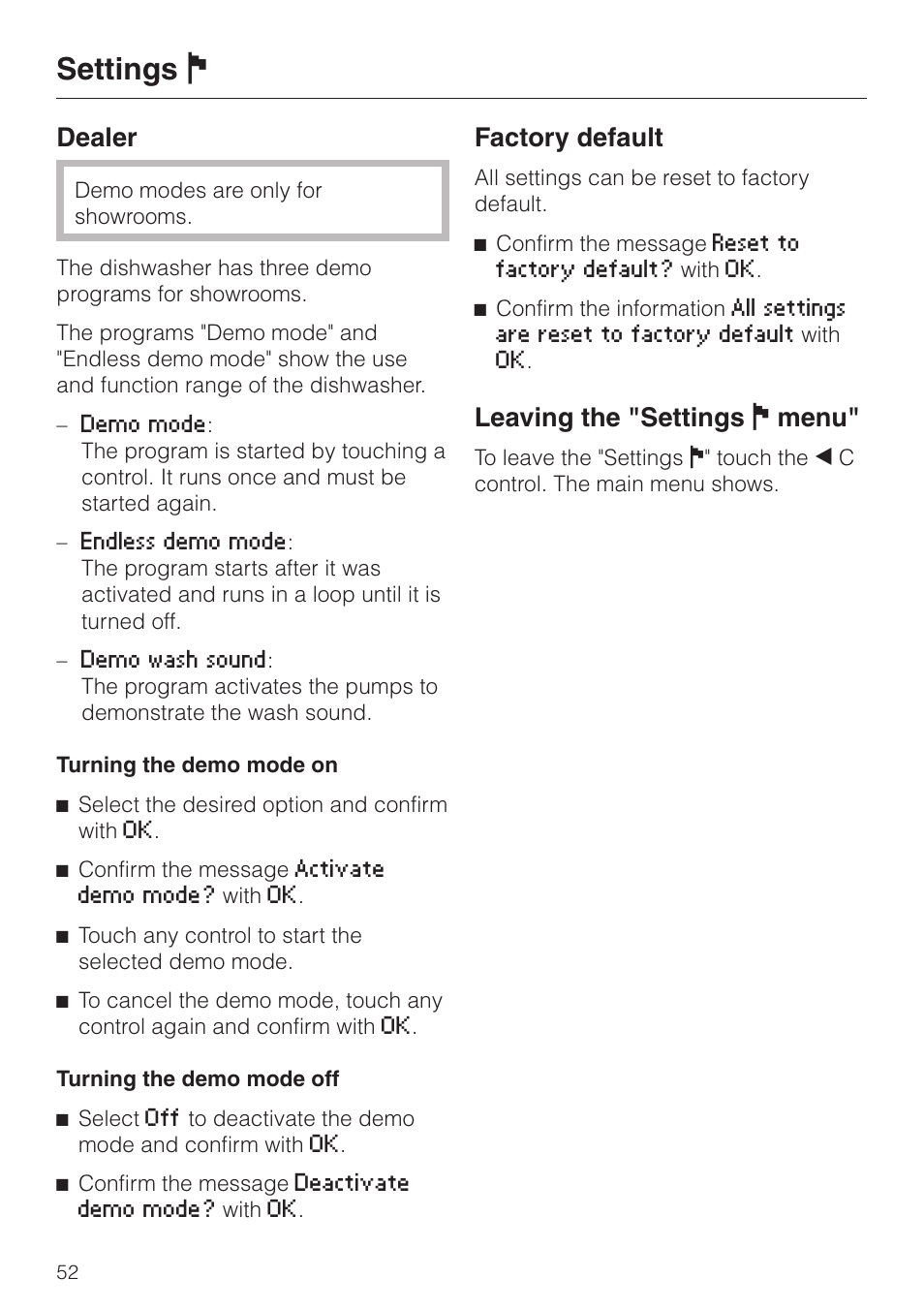 Settings j, Dealer, Factory default | Leaving the "settings j menu | Miele LaPerla G 2830 SCi User Manual | Page 52 / 80