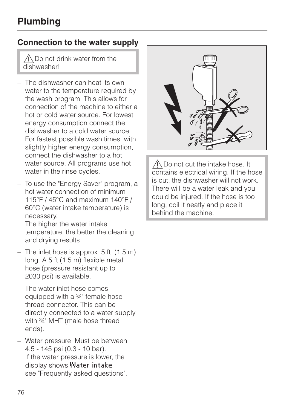 Plumbing 76, Connection to the water supply 76, Plumbing | Connection to the water supply | Miele LaPerla G 2830 SCi User Manual | Page 76 / 80