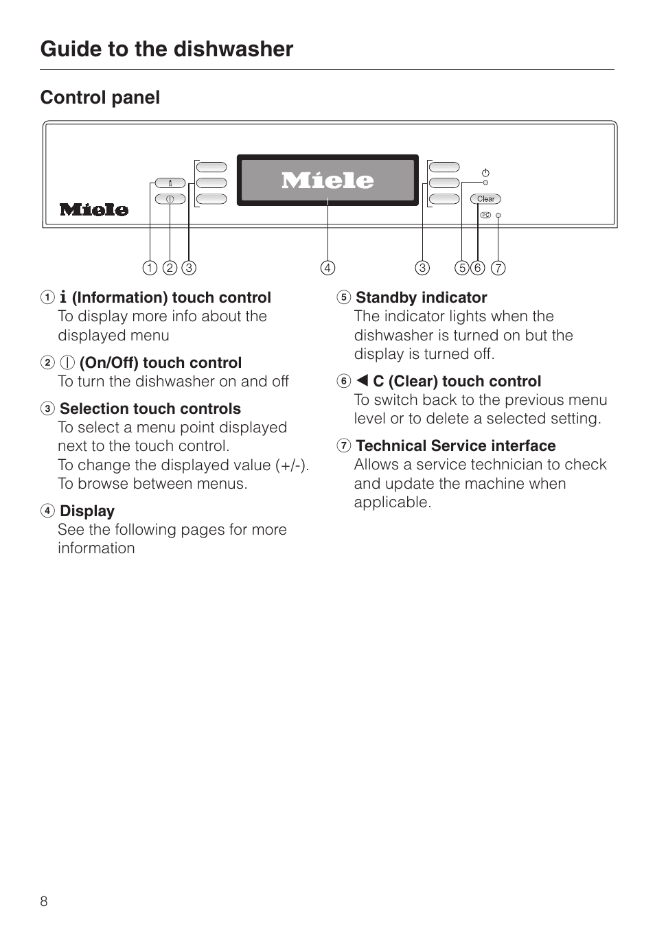 Control panel 8, Guide to the dishwasher, Control panel | Miele LaPerla G 2830 SCi User Manual | Page 8 / 80