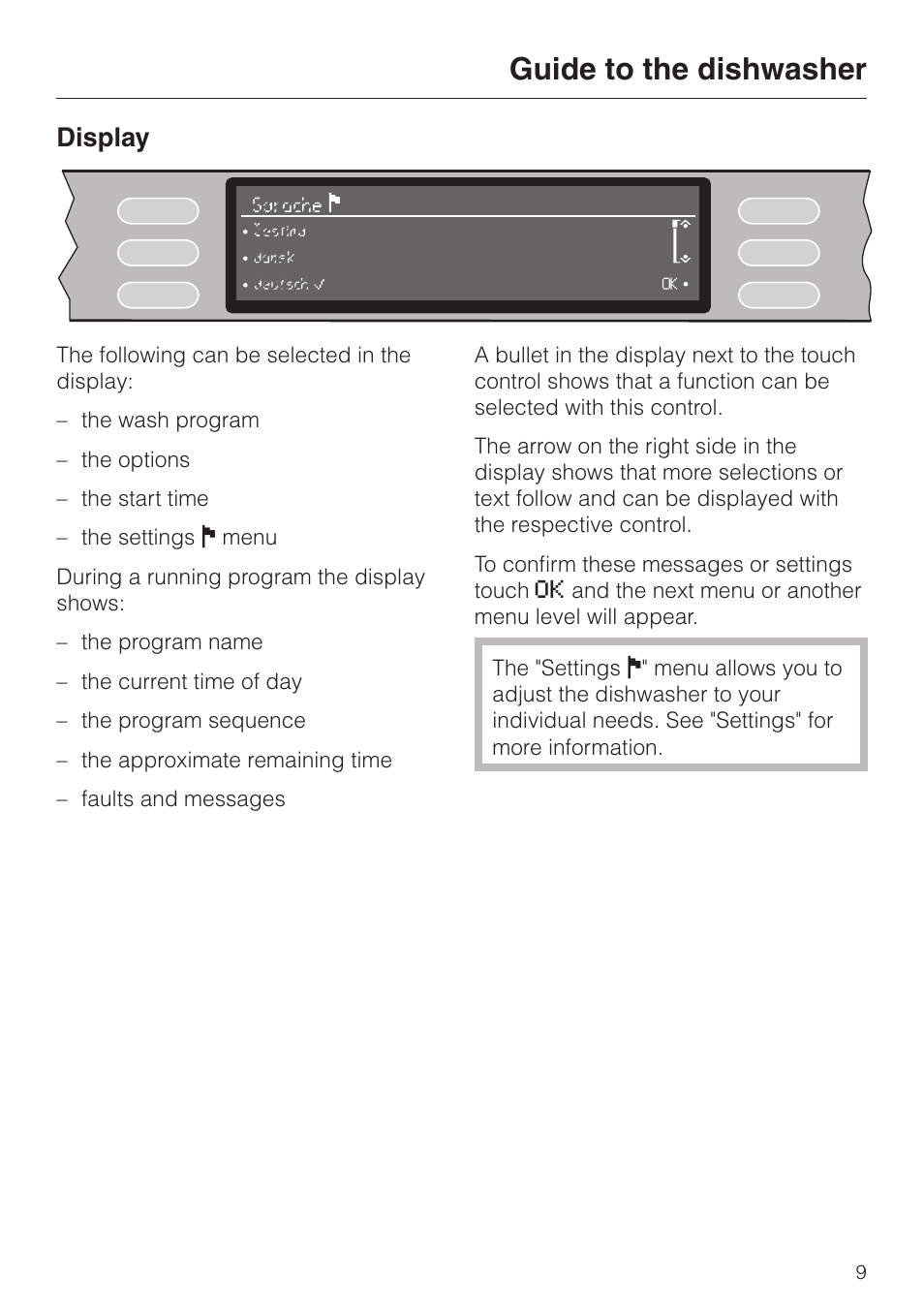 Display 9, Guide to the dishwasher, Display | Miele LaPerla G 2830 SCi User Manual | Page 9 / 80