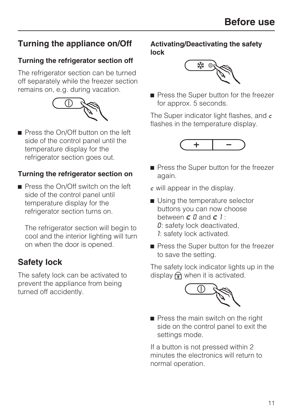 Turning the appliance on/off 11, Safety lock 11, Before use | Turning the appliance on/off, Safety lock | Miele KFN 9755 iDE EN User Manual | Page 11 / 60