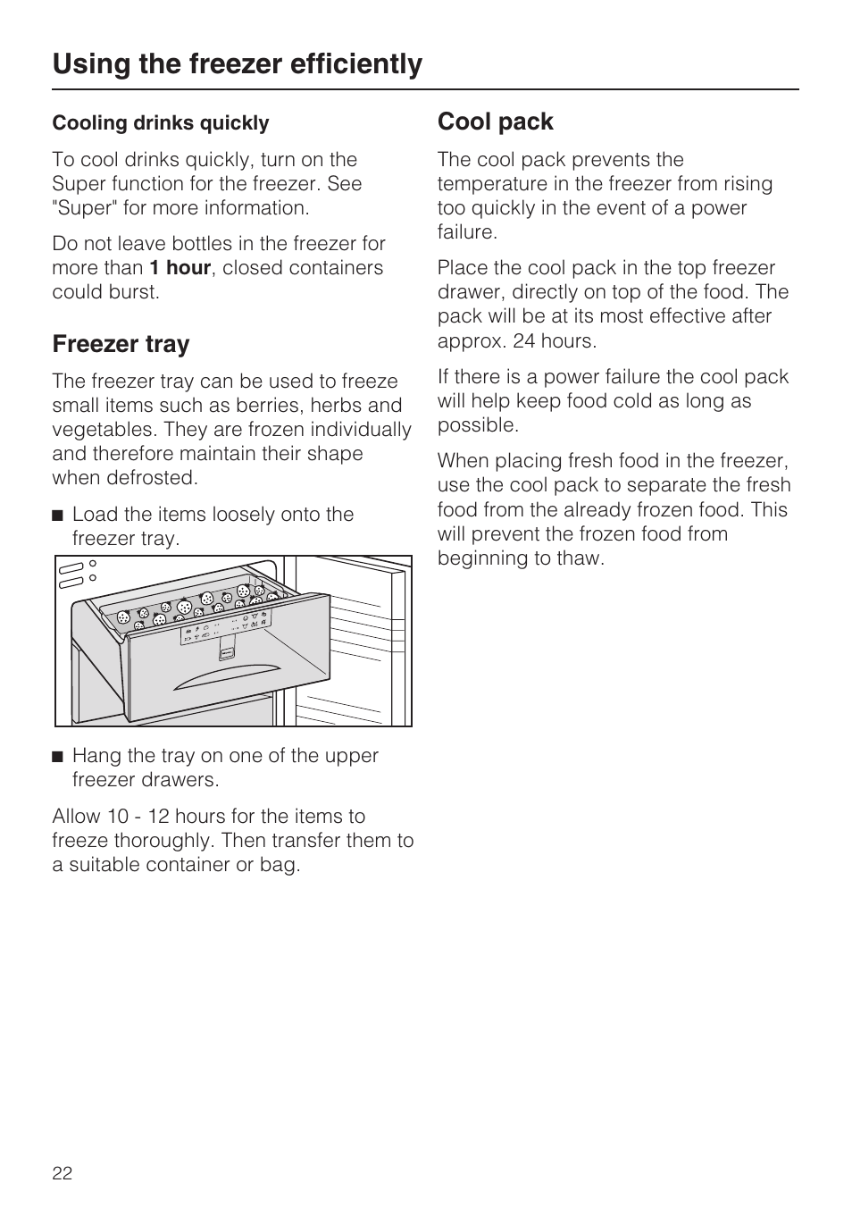Freezer tray 22, Cool pack 22, Using the freezer efficiently | Freezer tray, Cool pack | Miele KFN 9755 iDE EN User Manual | Page 22 / 60