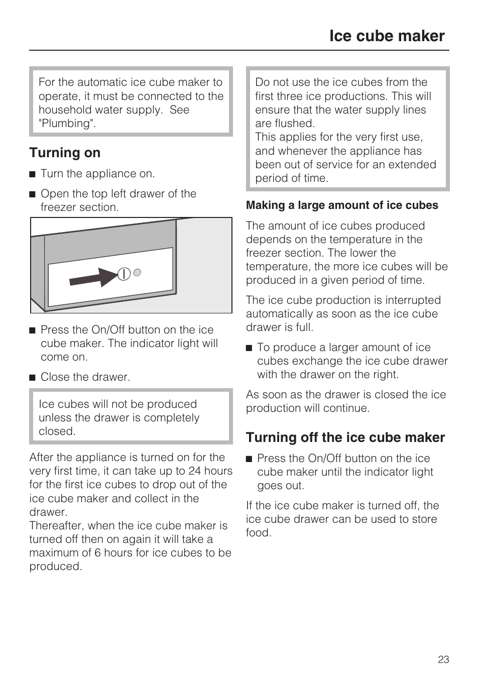Ice cube maker 23, Ice cube maker, Turning on | Turning off the ice cube maker | Miele KFN 9755 iDE EN User Manual | Page 23 / 60