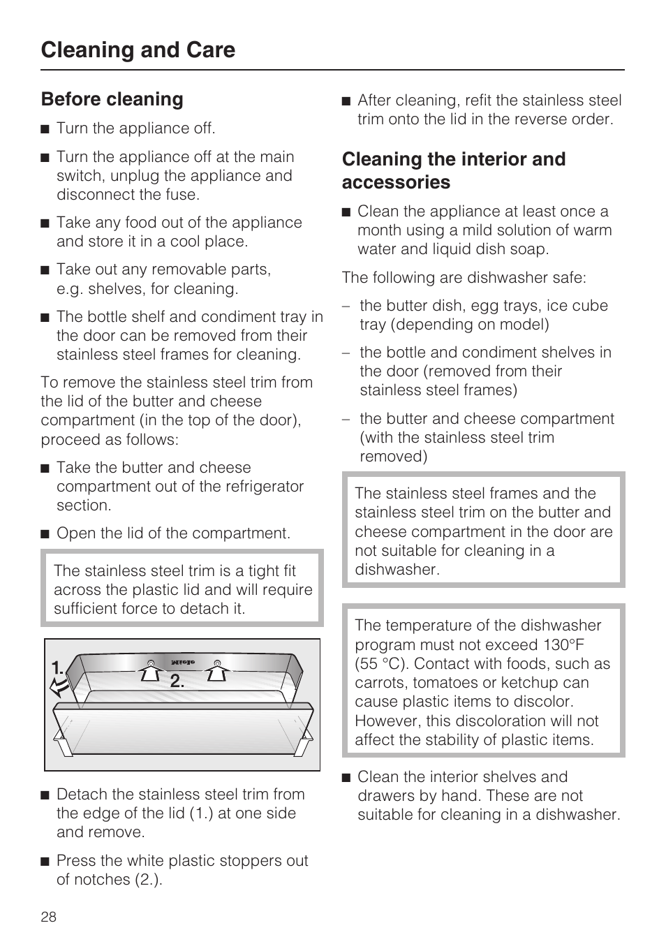 Cleaning the interior and accessories 28, Cleaning and care, Before cleaning | Cleaning the interior and accessories | Miele KFN 9755 iDE EN User Manual | Page 28 / 60