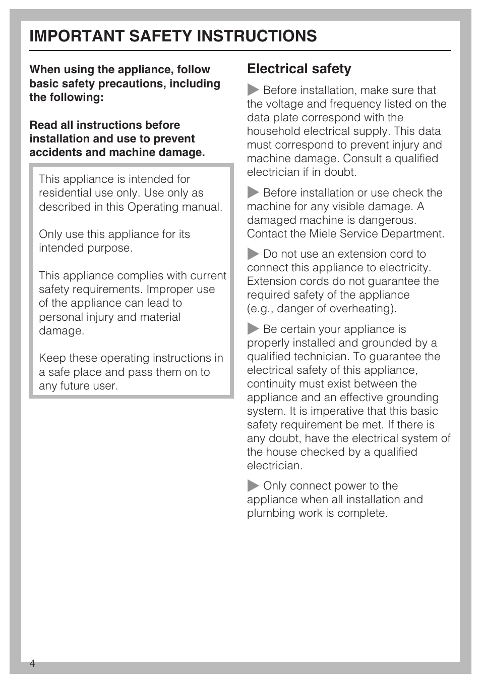 Important safety instructions 4, Important safety instructions | Miele KFN 9755 iDE EN User Manual | Page 4 / 60