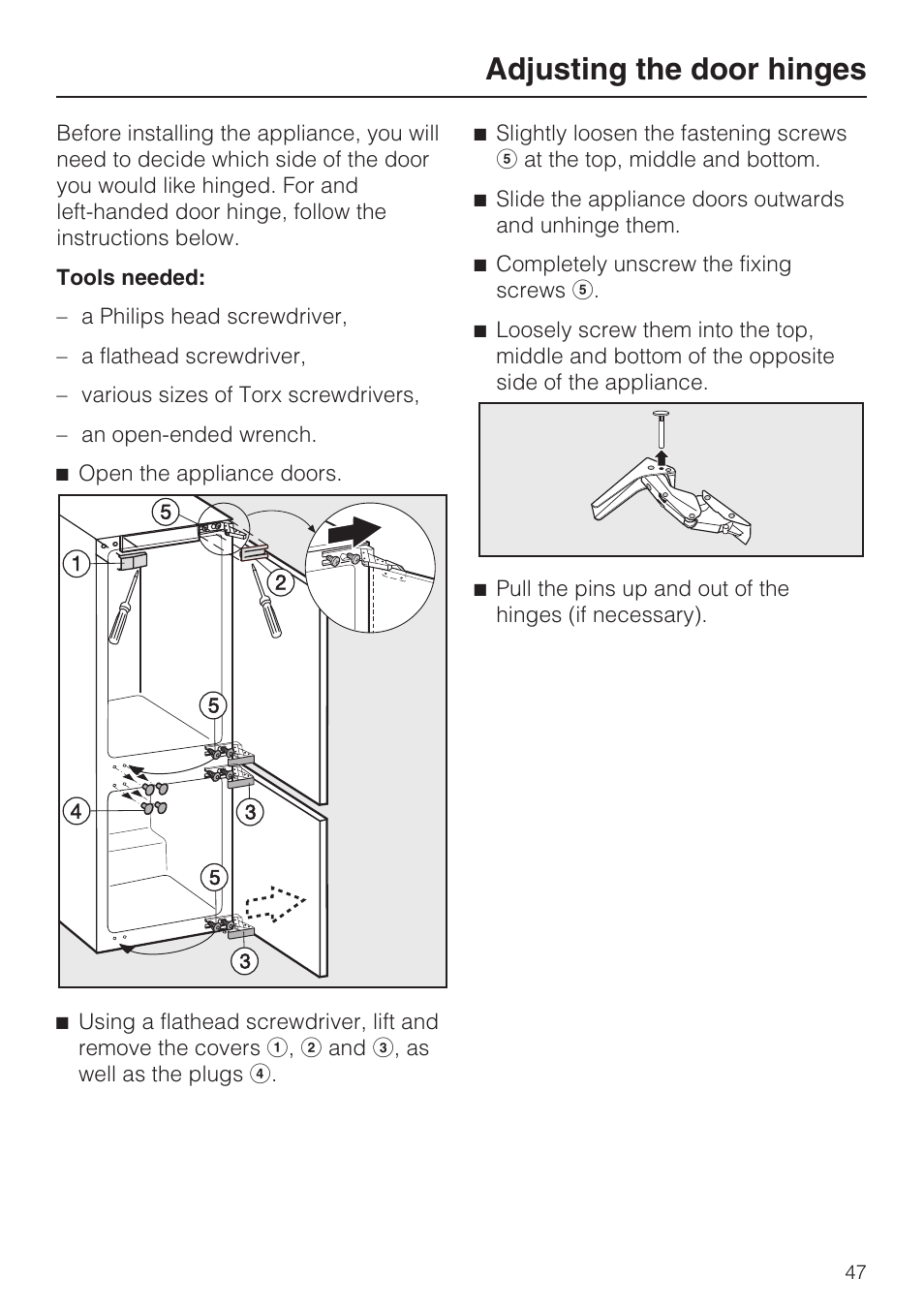 Adjusting the door hinges | Miele KFN 9755 iDE EN User Manual | Page 47 / 60