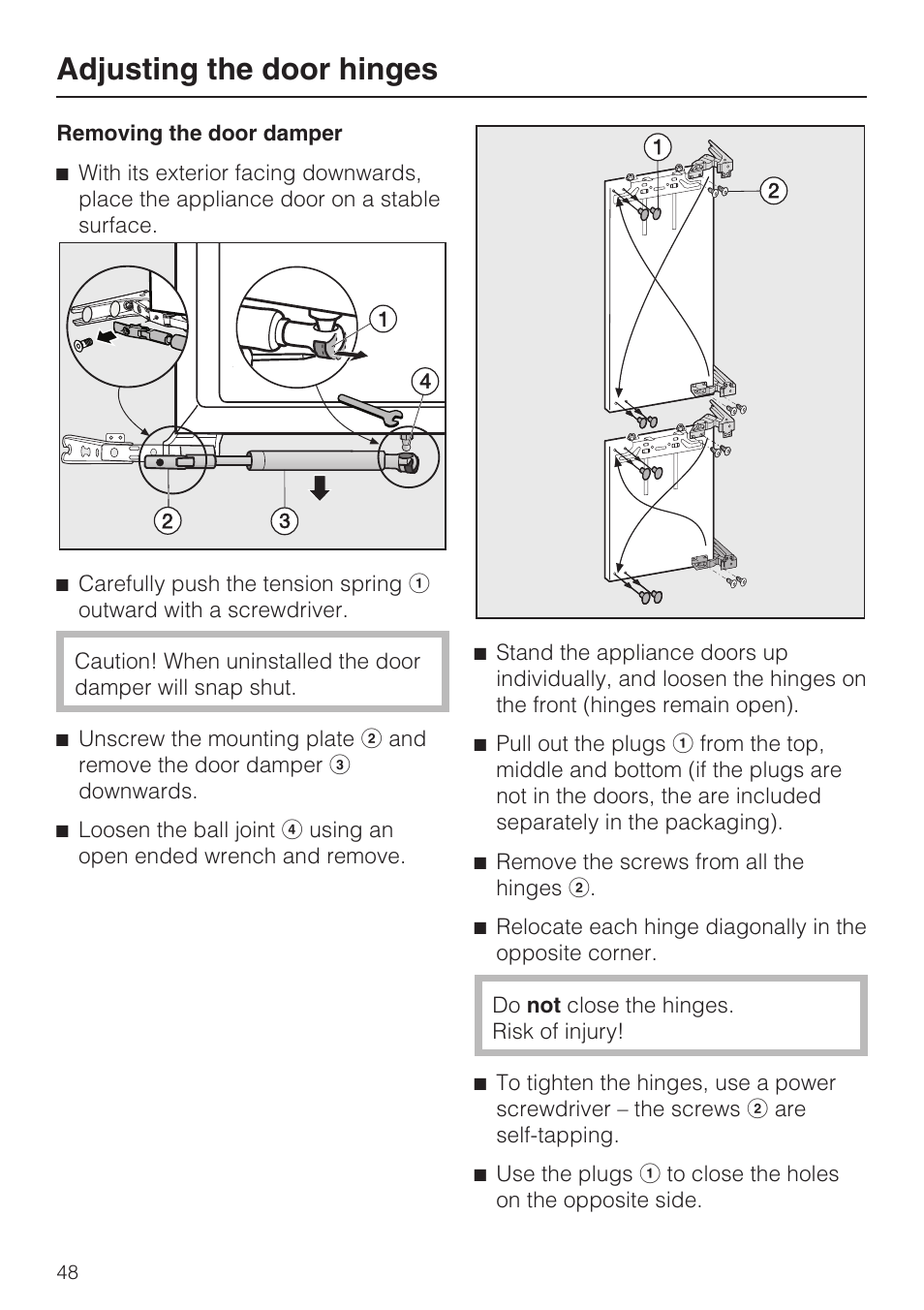 Adjusting the door hinges | Miele KFN 9755 iDE EN User Manual | Page 48 / 60