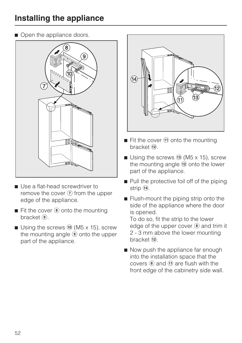 Installing the appliance | Miele KFN 9755 iDE EN User Manual | Page 52 / 60