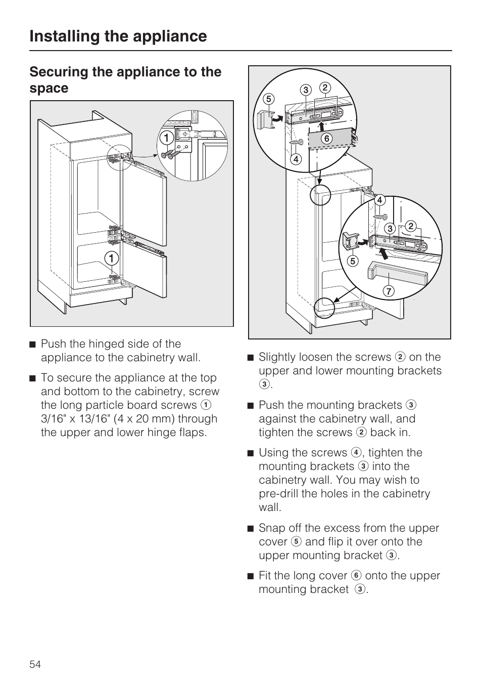 Installing the appliance, Securing the appliance to the space | Miele KFN 9755 iDE EN User Manual | Page 54 / 60