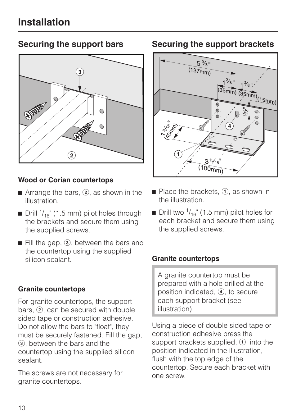 Installation, Securing the support bars, Securing the support brackets | Miele KM 406 User Manual | Page 10 / 20