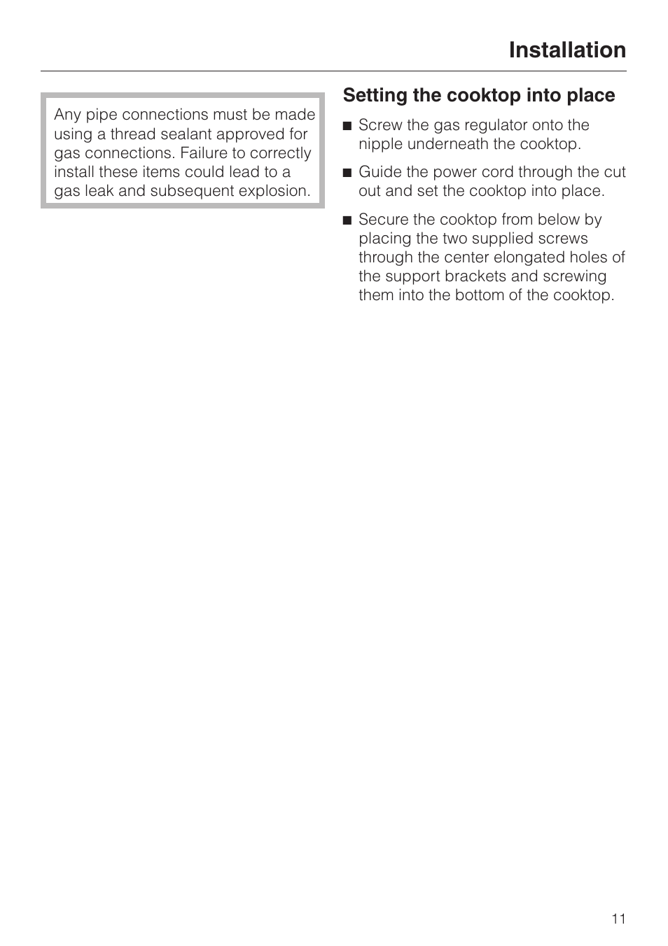 Setting the cooktop into place 11, Installation, Setting the cooktop into place | Miele KM 406 User Manual | Page 11 / 20