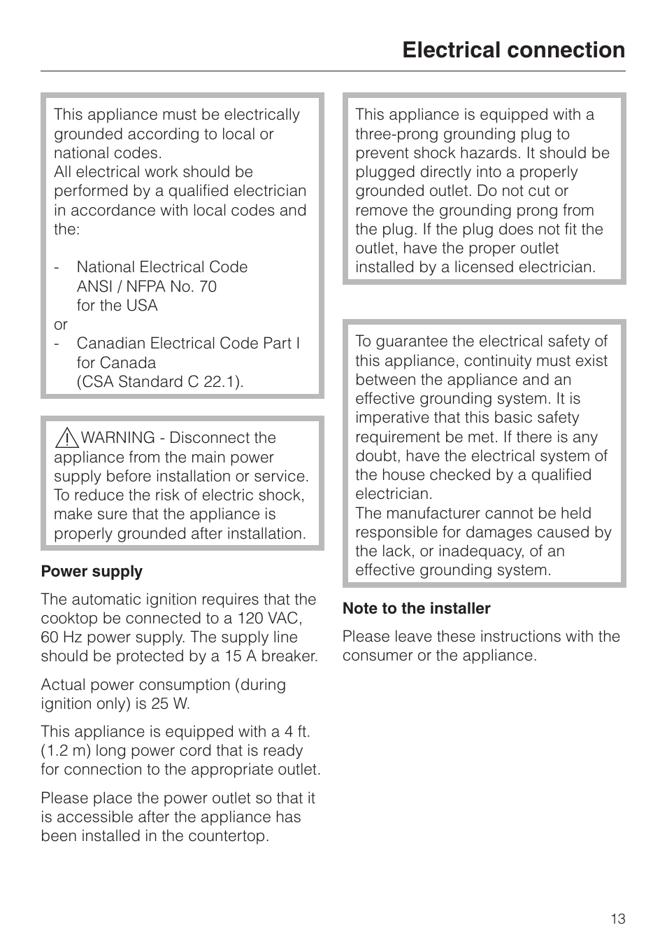 Electrical connection 13, Electrical connection | Miele KM 406 User Manual | Page 13 / 20