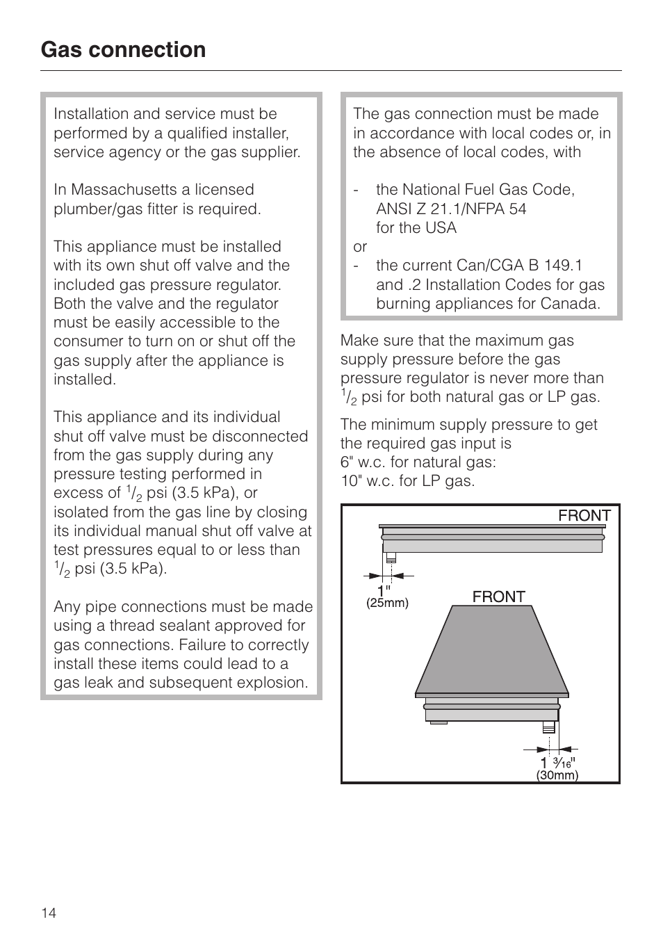 Gas connection 14, Gas connection | Miele KM 406 User Manual | Page 14 / 20