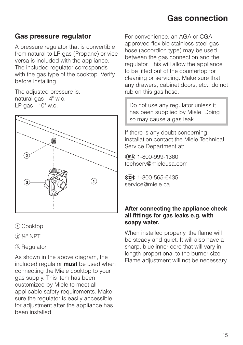 Gas pressure regulator 15, Gas connection, Gas pressure regulator | Miele KM 406 User Manual | Page 15 / 20