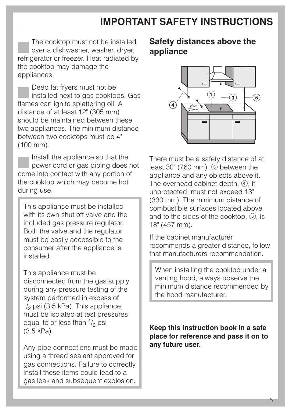 Important safety instructions, Safety distances above the appliance | Miele KM 406 User Manual | Page 5 / 20
