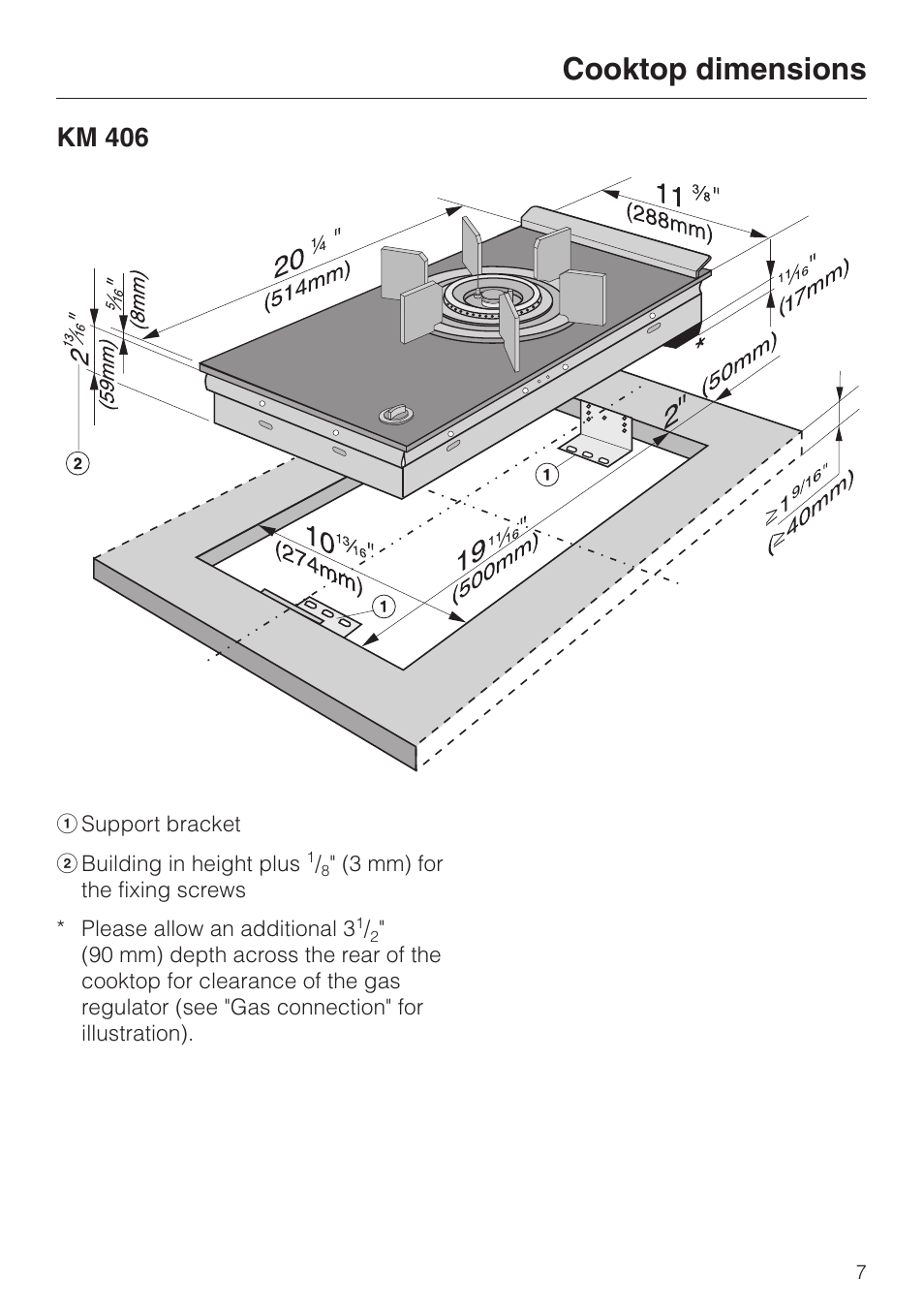 Km 406 7, Cooktop dimensions, Km 406 | Miele KM 406 User Manual | Page 7 / 20