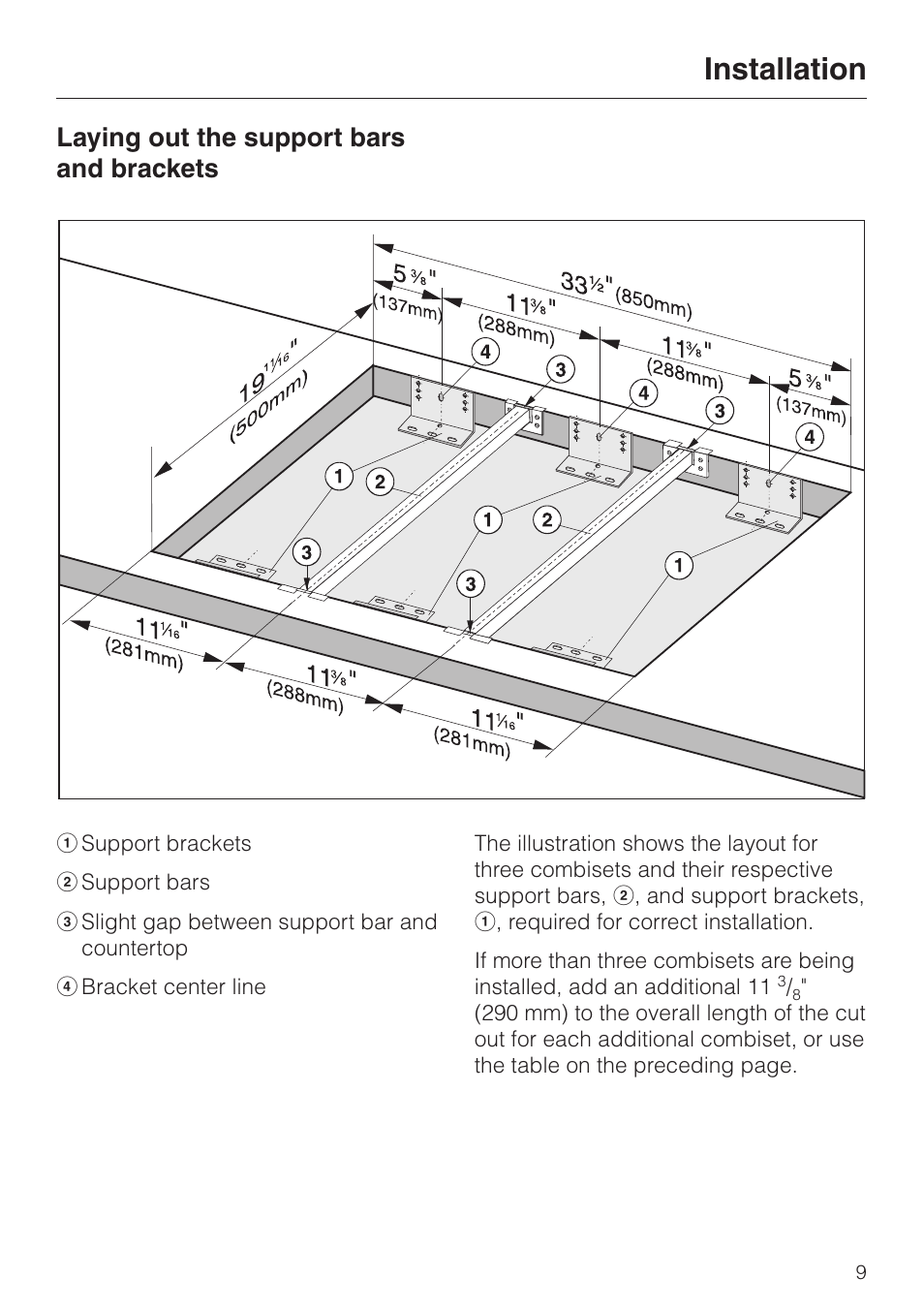 Installation 9, Laying out the support bars and brackets 9, Installation | Laying out the support bars and brackets | Miele KM 406 User Manual | Page 9 / 20