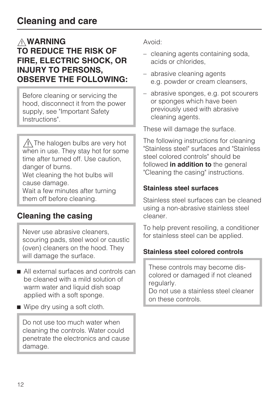 Cleaning and care 12, Cleaning and care, Cleaning the casing | Miele DA 3180 EN User Manual | Page 12 / 40