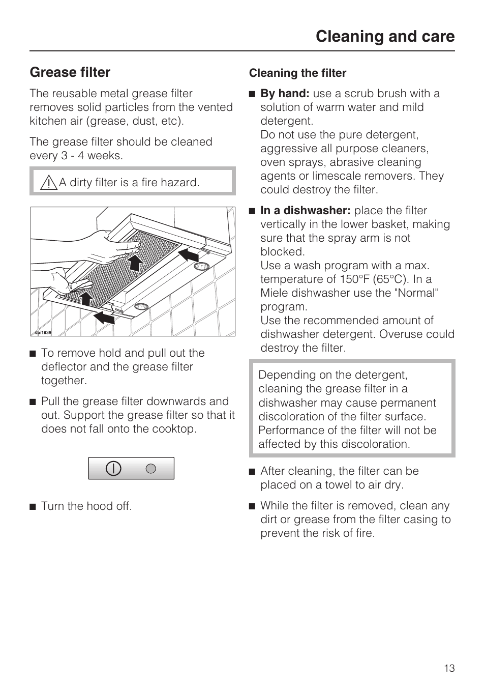 Grease filter 13, Cleaning and care, Grease filter | Miele DA 3180 EN User Manual | Page 13 / 40