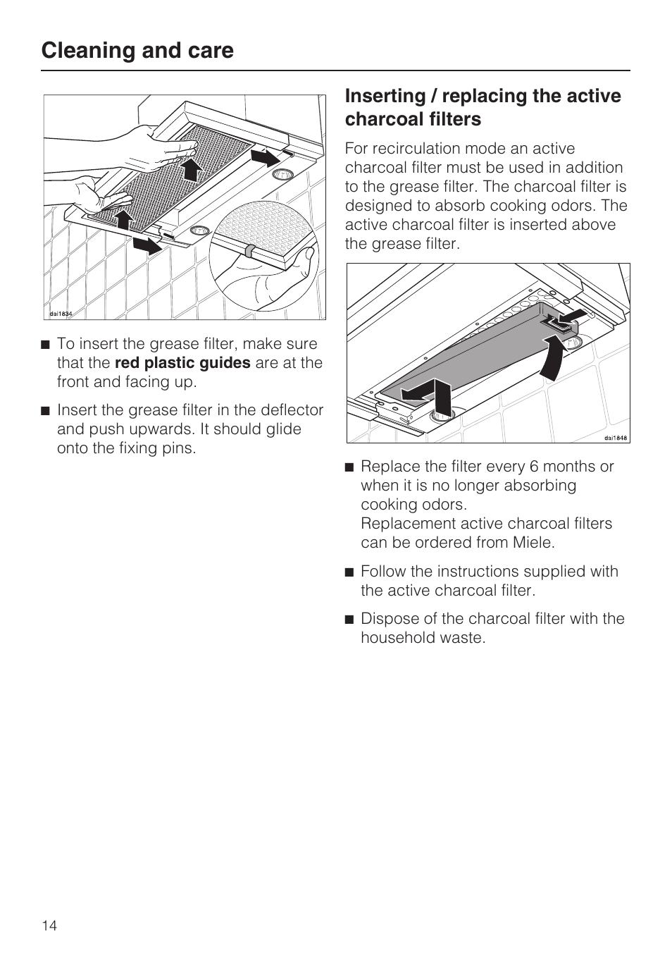 Cleaning and care, Inserting / replacing the active charcoal filters | Miele DA 3180 EN User Manual | Page 14 / 40