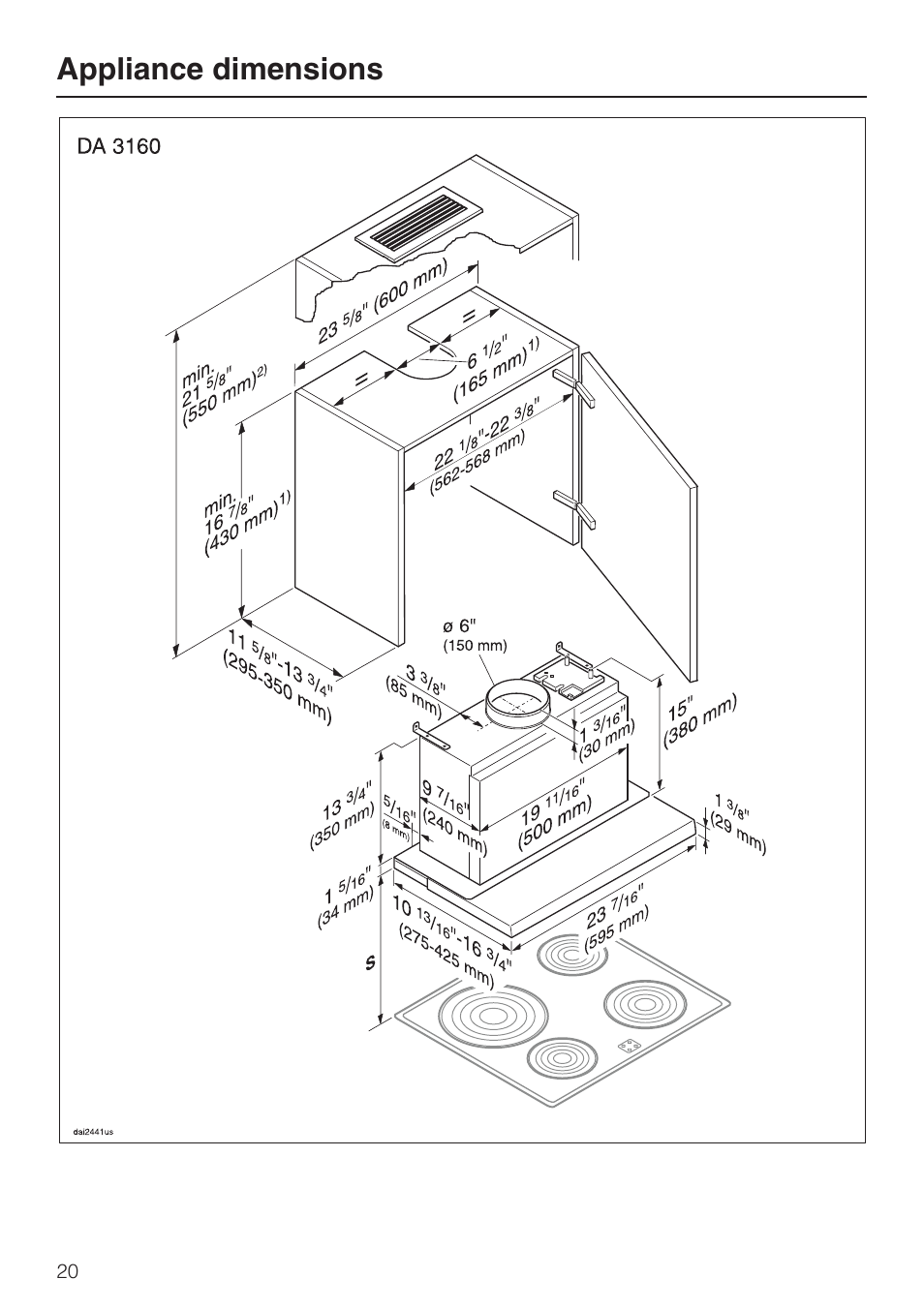 Appliance dimensions 20, Appliance dimensions | Miele DA 3180 EN User Manual | Page 20 / 40