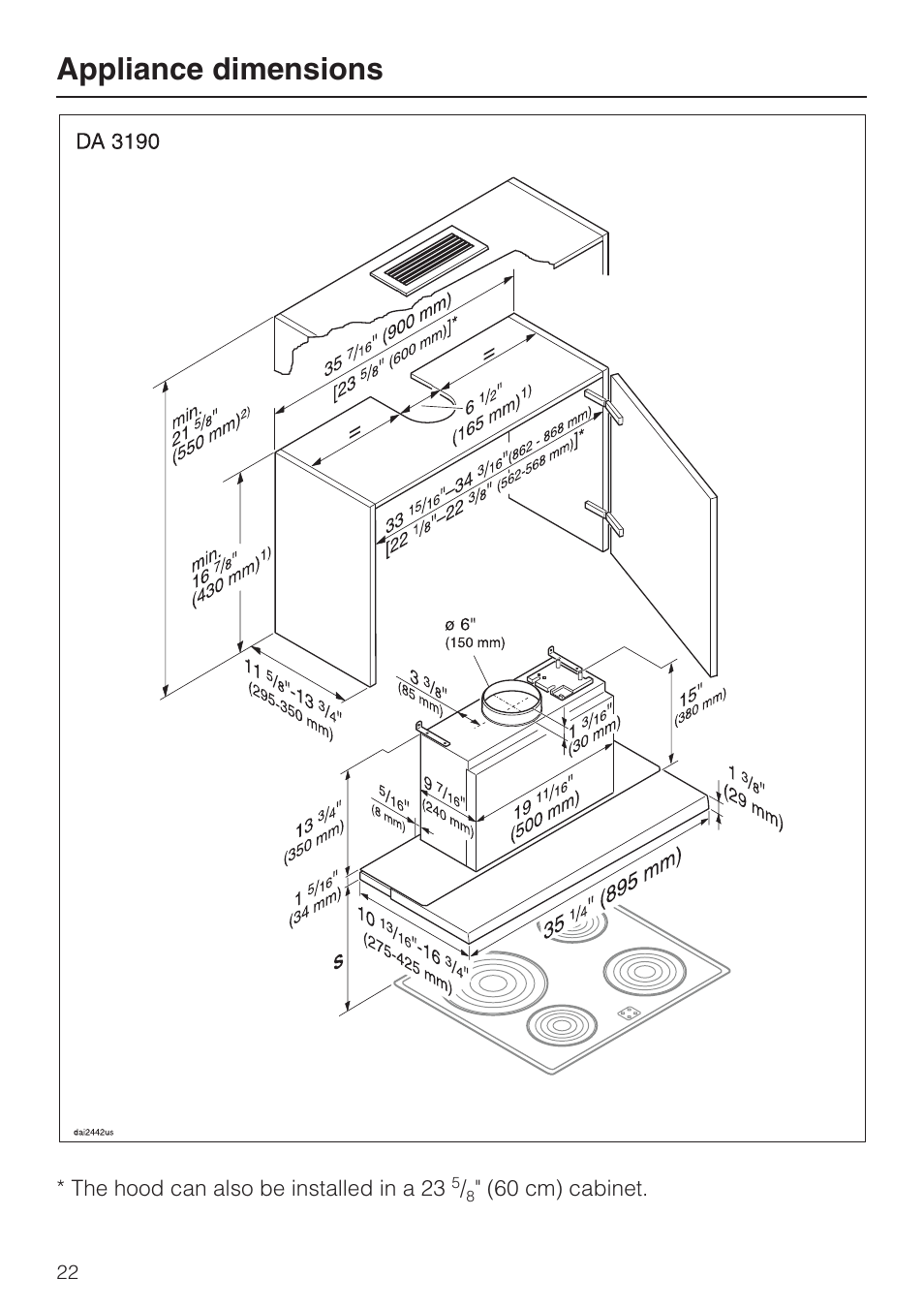 Appliance dimensions | Miele DA 3180 EN User Manual | Page 22 / 40