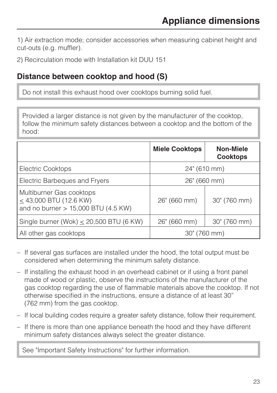 Distance between cooktop and hood (s) 23, Appliance dimensions, Distance between cooktop and hood (s) | Miele DA 3180 EN User Manual | Page 23 / 40