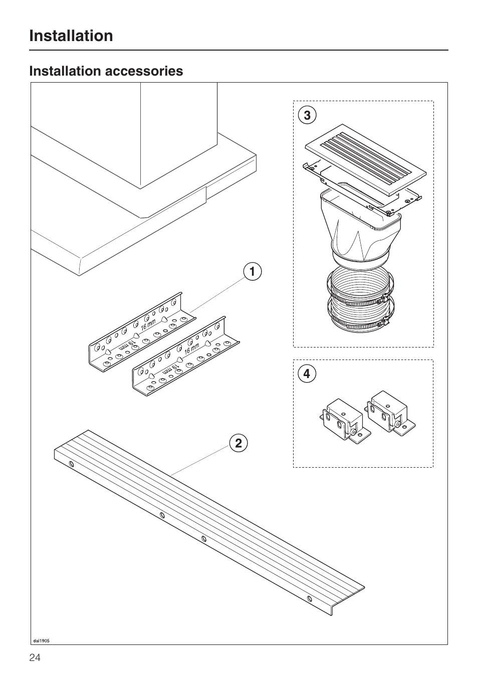 Installation 24, Installation accessories 24, Installation | Miele DA 3180 EN User Manual | Page 24 / 40