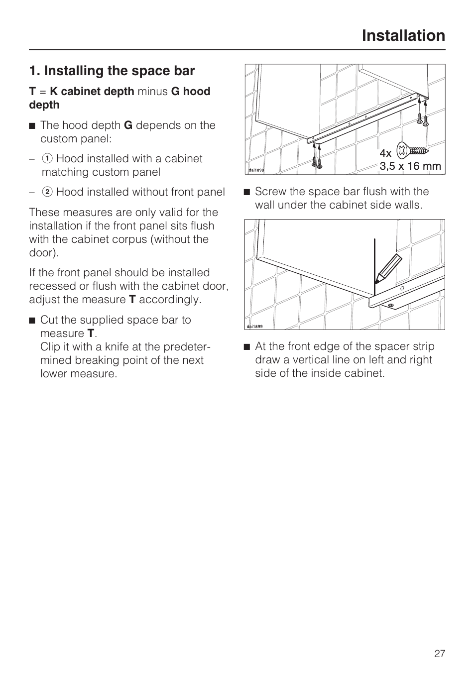 Installing the space bar 27, Installation, Installing the space bar | Miele DA 3180 EN User Manual | Page 27 / 40