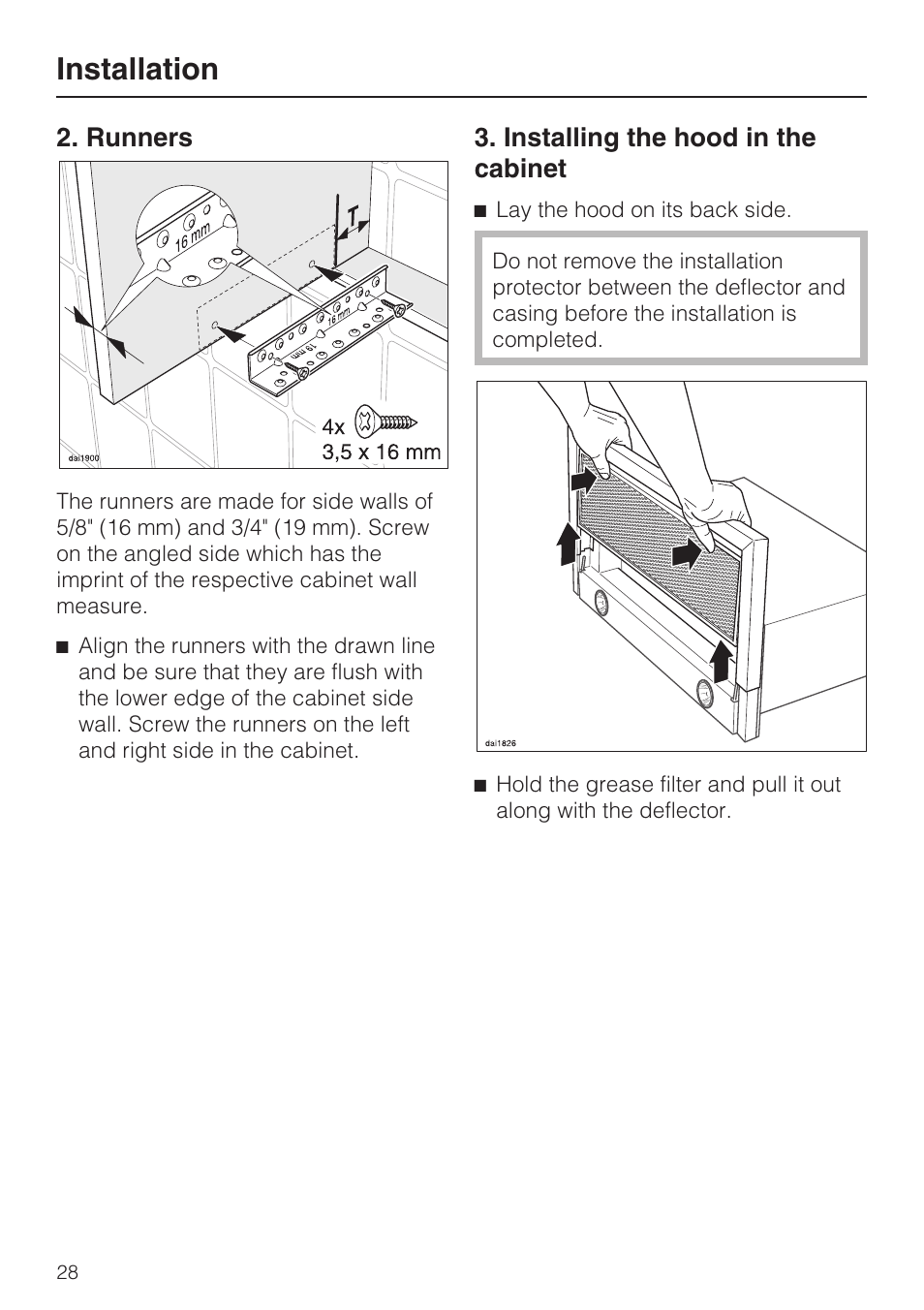 Runners 28, Installing the hood in the cabinet 28, Installation | Runners, Installing the hood in the cabinet | Miele DA 3180 EN User Manual | Page 28 / 40