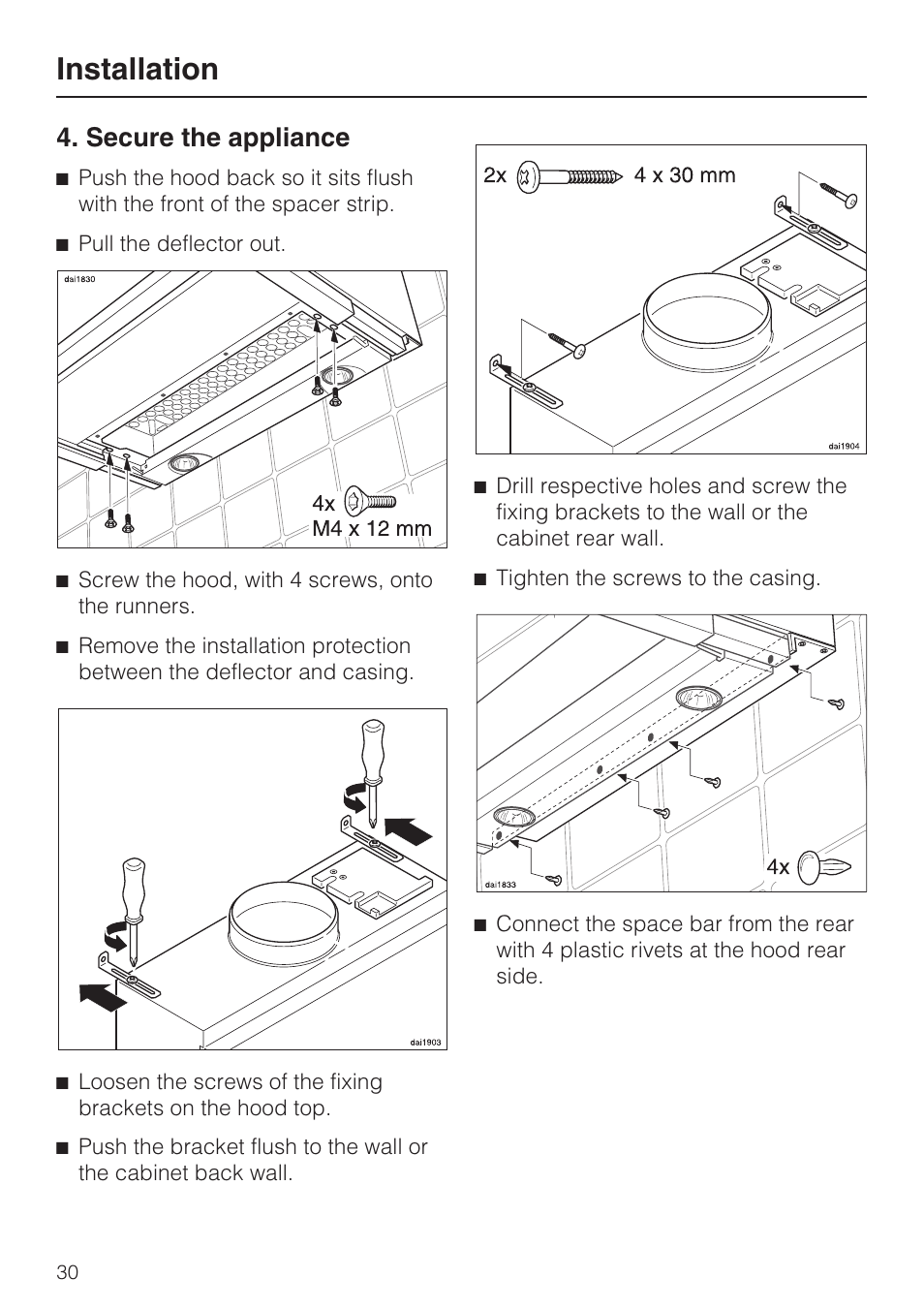 Secure the appliance 30, Installation, Secure the appliance | Miele DA 3180 EN User Manual | Page 30 / 40